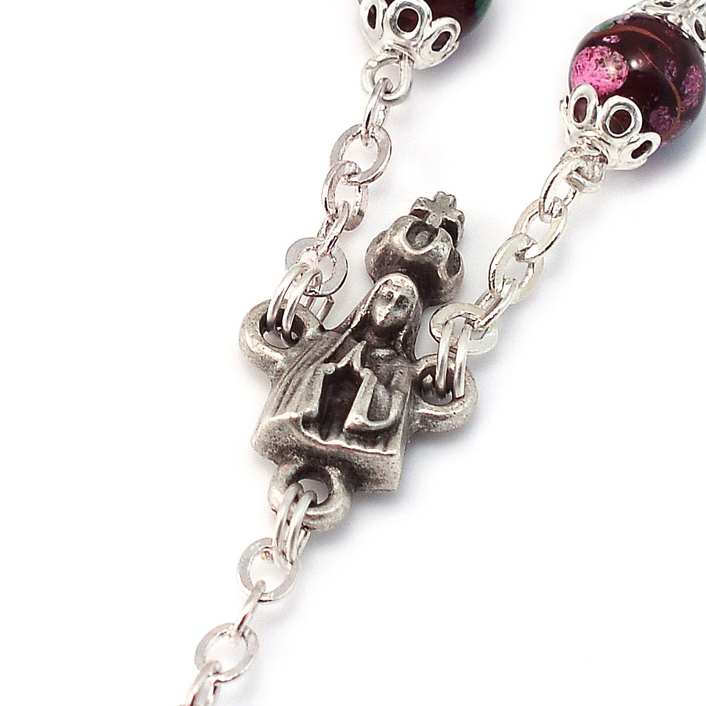 Fatima Crown Marbled Crimson & Silver Rosary - Image 3