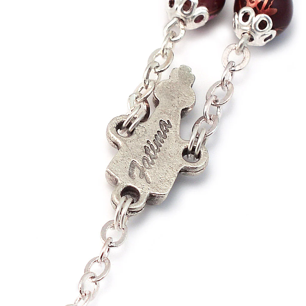 Fatima Crown Marbled Crimson & Silver Rosary - Image 4