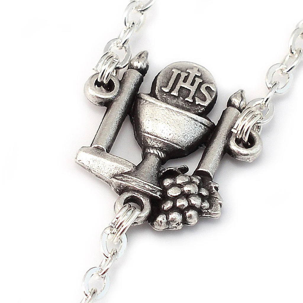 Holy Communion Pure White & Silver Rosary - Image 3