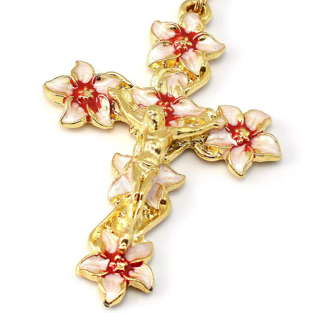 Lourdes Lily Faceted Blush, Red & Enameled Rosary - Image 2