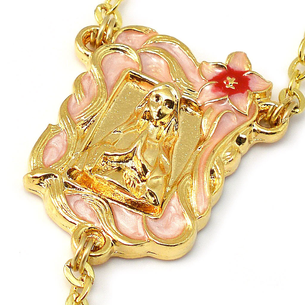 Lourdes Lily Faceted Blush, Red & Enameled Rosary - Image 3