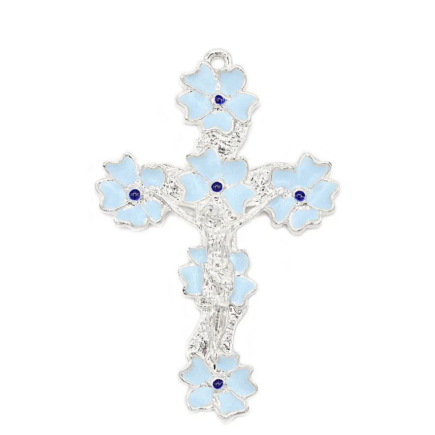 Lourdes Lily Sky Blue & Silver Floral Rosary - Image 2