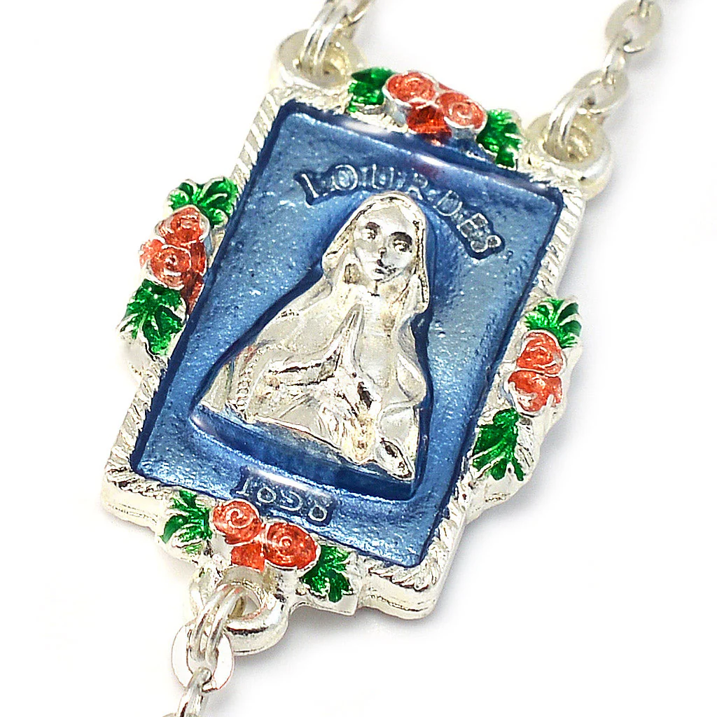 Lourdes Virgo Maria Roses Sky Blue & Silver Hand Enameled Rosary - Image 3