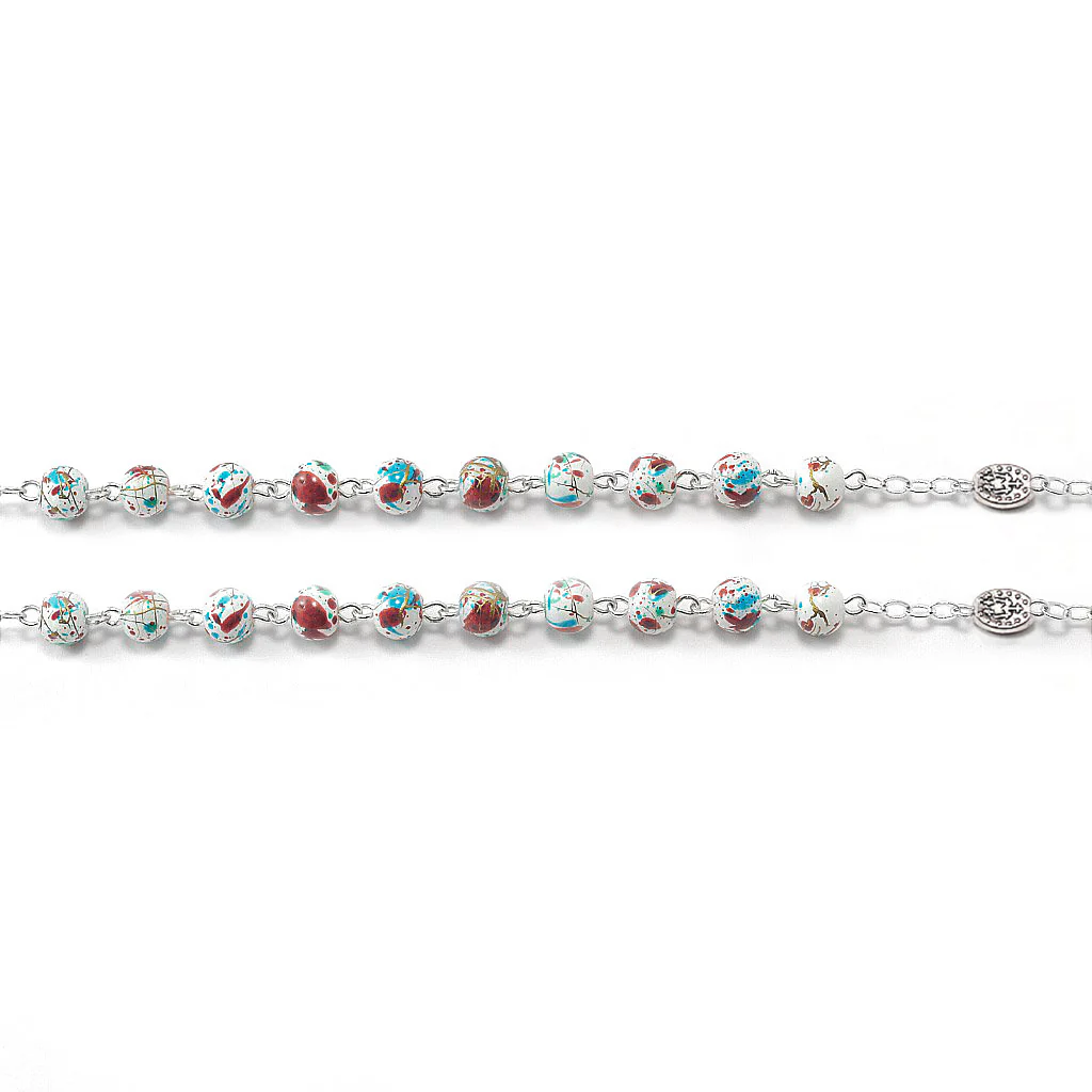 Miraculous Medal Crimson & Mint Marbled Bead Silver Rosary - Image 6