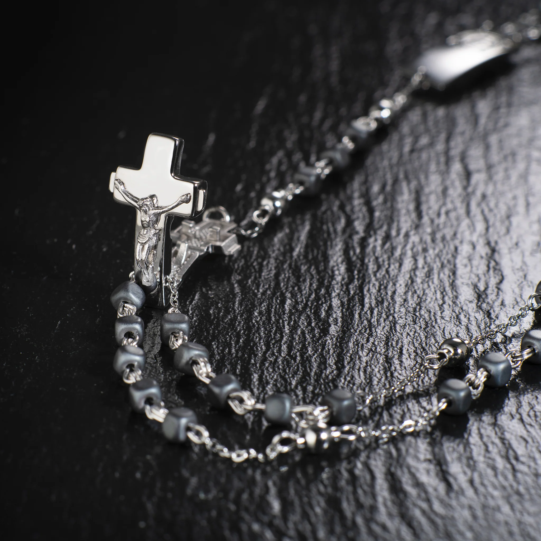 ROSALET®  NECKLACE SQUARE MATTE HEMATITE BEADS, STERLING SILVER & ROUND PATER - Image 3