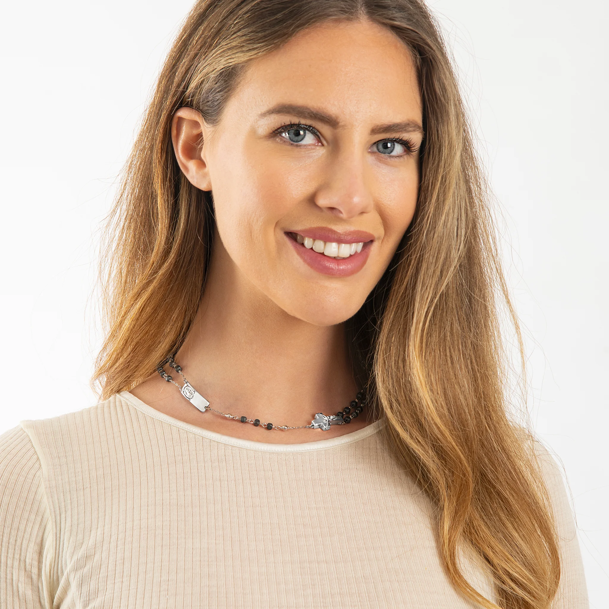 ROSALET®  NECKLACE SQUARE MATTE HEMATITE BEADS, STERLING SILVER & ROUND PATER - Image 5