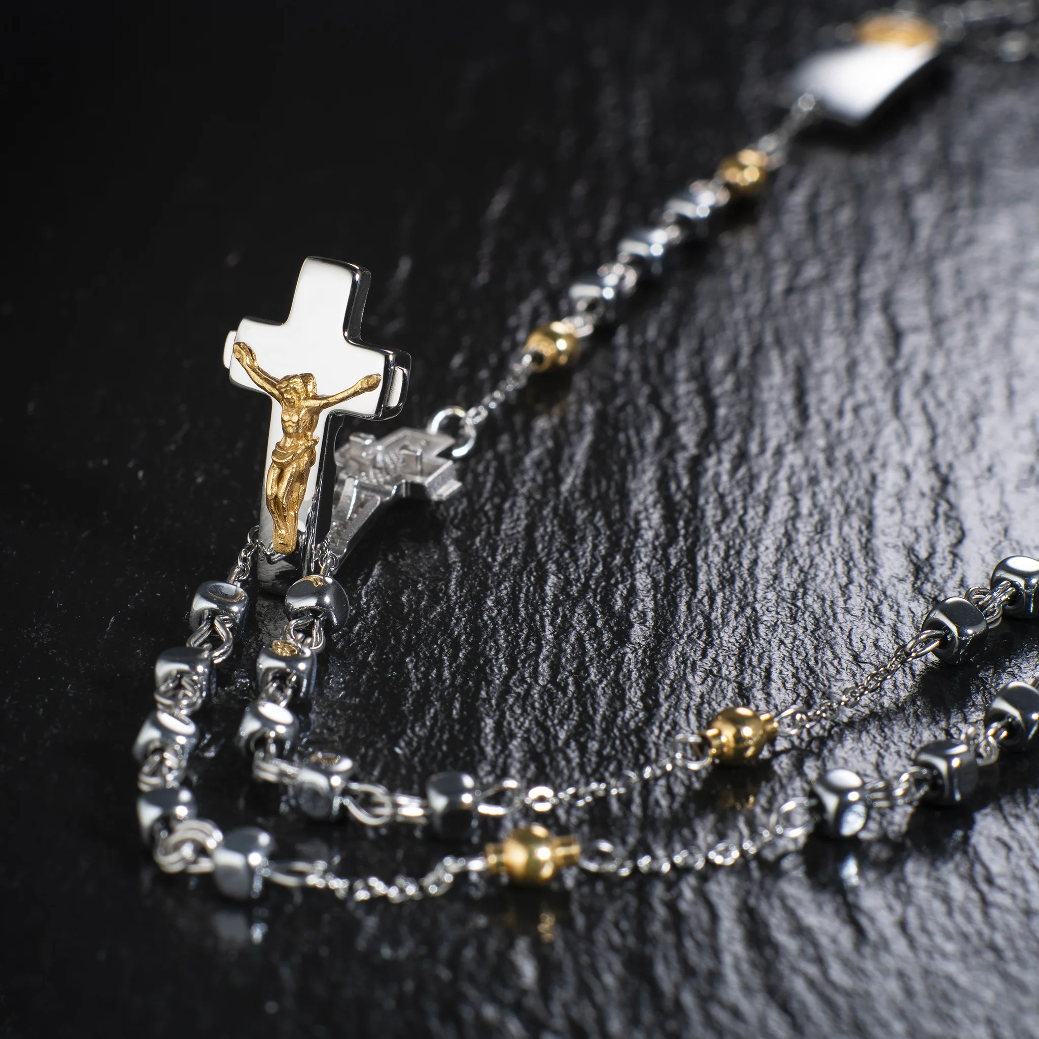 Rosalet® Necklace with Square Silver Hematite Beads and Sterling Silver & Gold Pater - Image 3