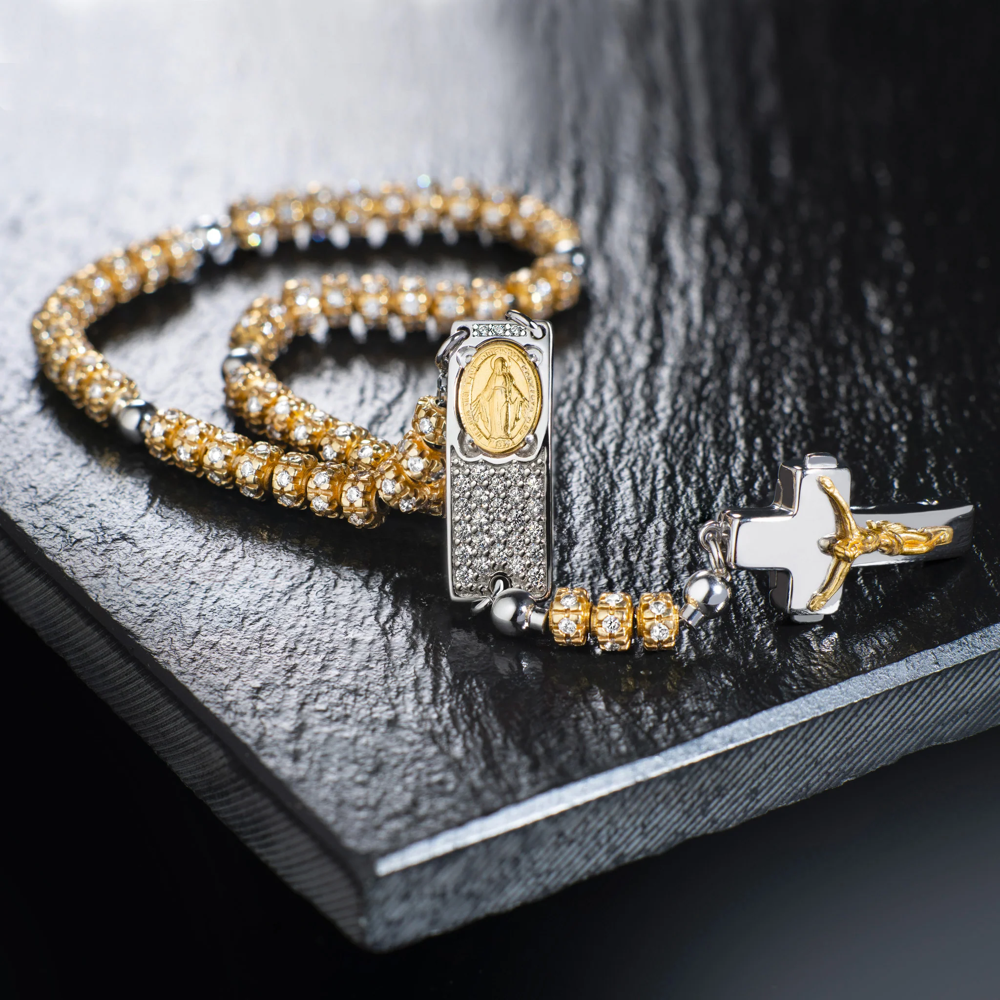 ROSALET® FULLY PAVE GOLD BEADS , STERLING SILVER & ROUND PATER, ROSARY CENTER WITH ZIRCON PAVE, TRADITIONAL - Image 4