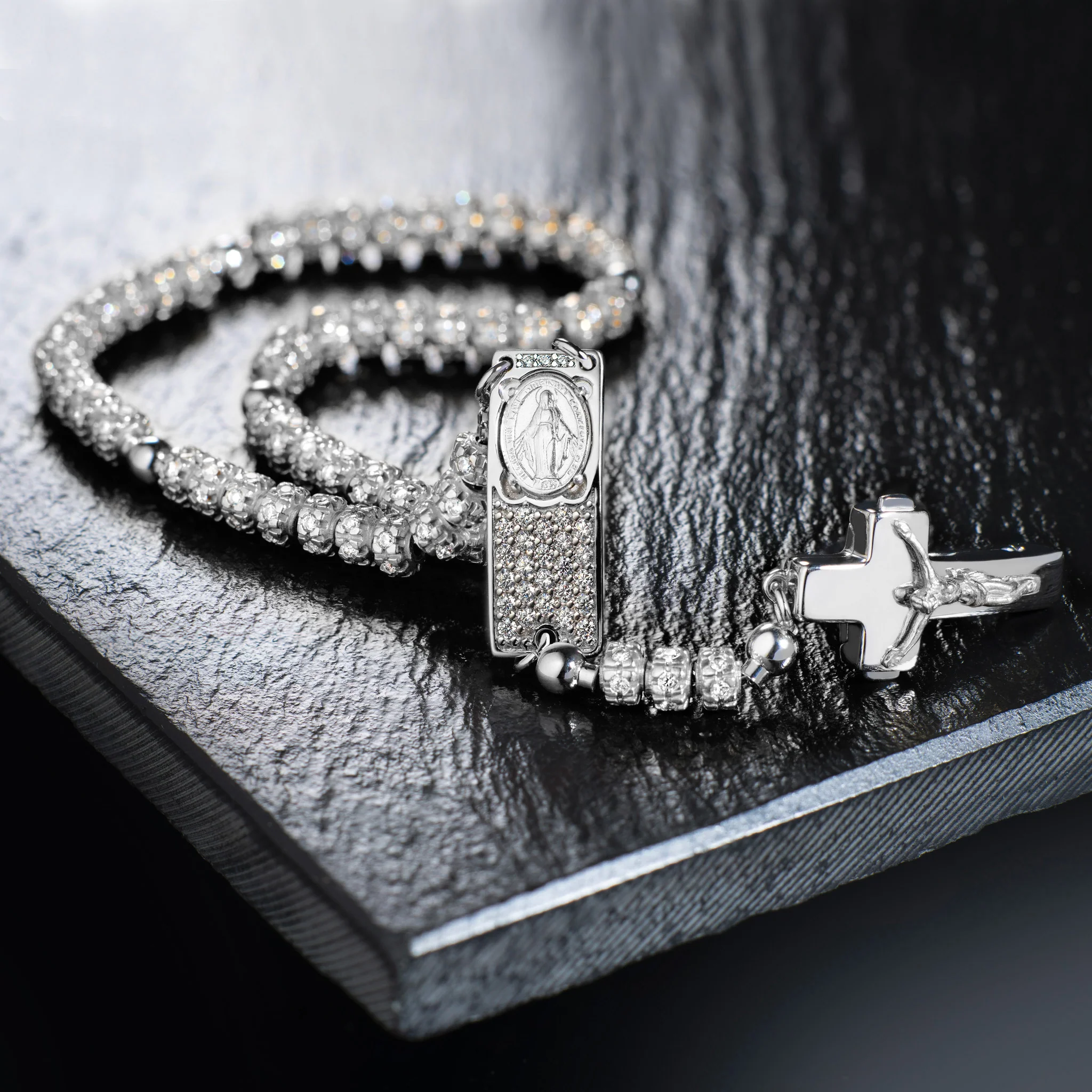ROSALET® FULLY PAVE RHODIUM BEADS, STERLING SILVER & ROUND PATER, ROSARY CENTER WITH ZIRCON PAVE, TRADITIONAL - Image 4