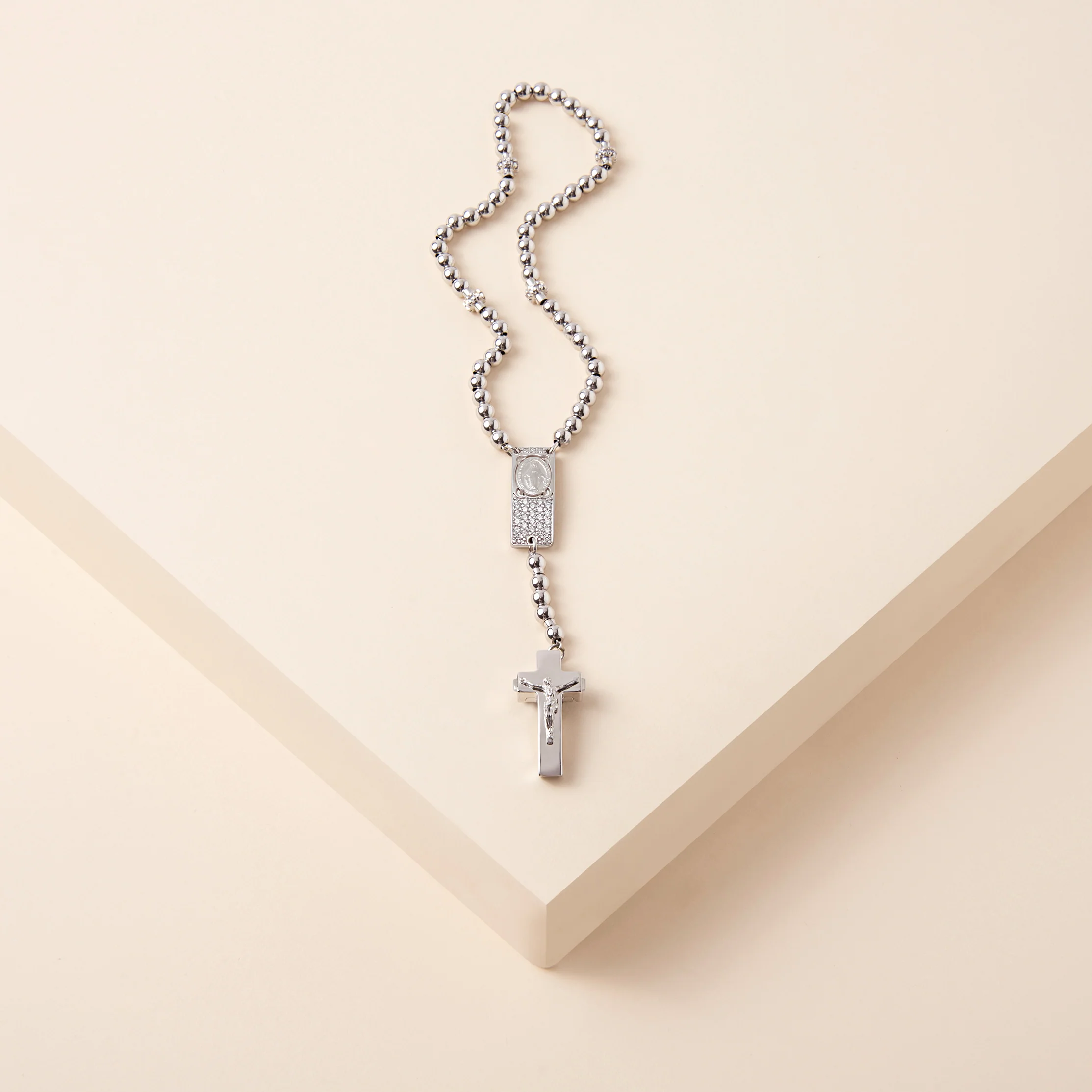 ROSALET® ROUND RHODIUM BEADS,  STERLING SILVER & PAVE PATER, ROSARY CENTER WITH ZIRCON PAVE, TRADITIONAL - Image 3