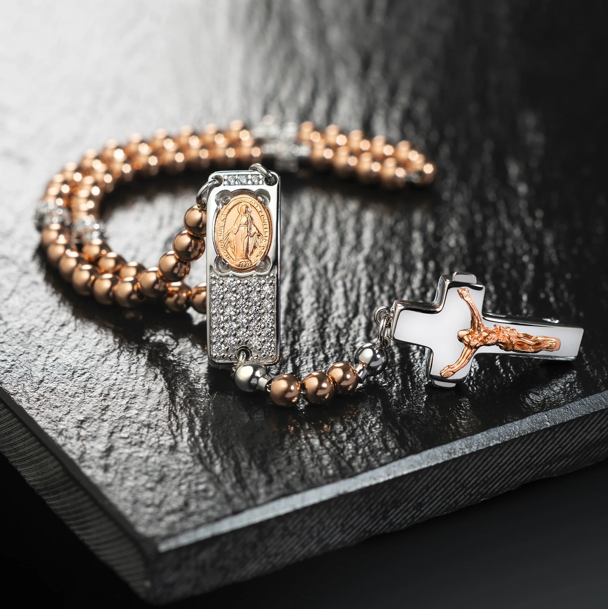 ROSALET® ROUND ROSE GOLD BEADS, STERLING SILVER & PAVE PATER, ROSARY CENTER WITH ZIRCON PAVE, TRADITIONAL - Image 4