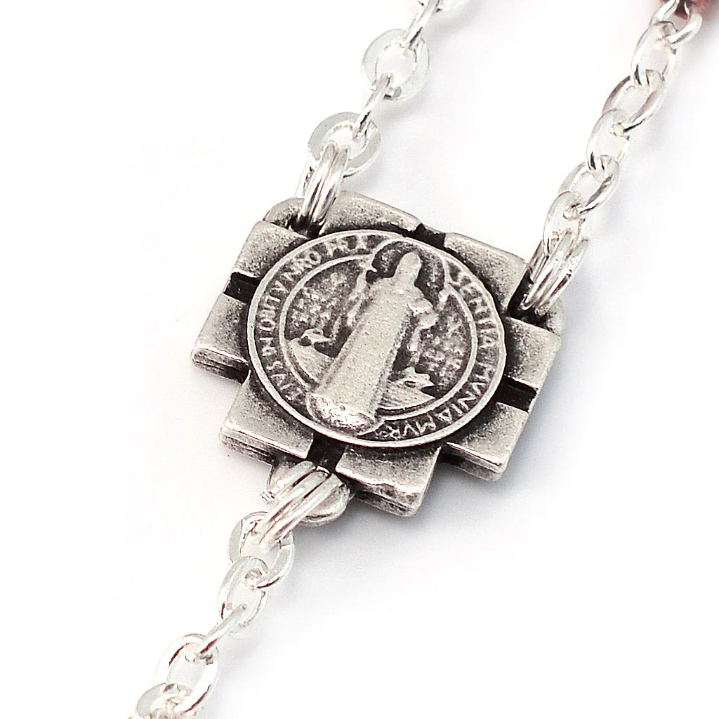 Saint Benedict Wood & Silver Decade Rosary - Image 4