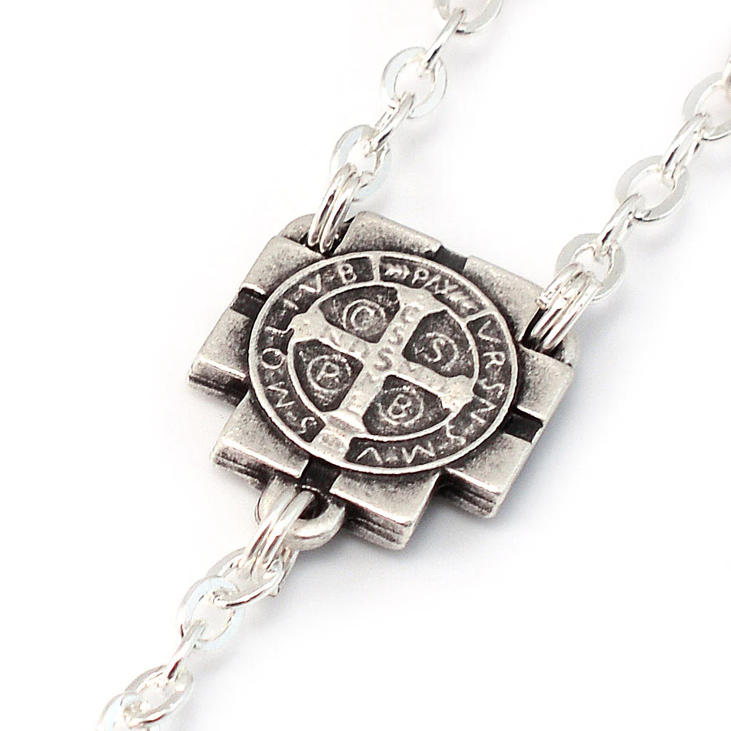 Saint Benedict Wood & Silver Decade Rosary - Image 5