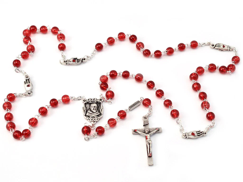 Saint Pio of Pietrelcina Rosary in Antique Silver with Red Beads - Image 7