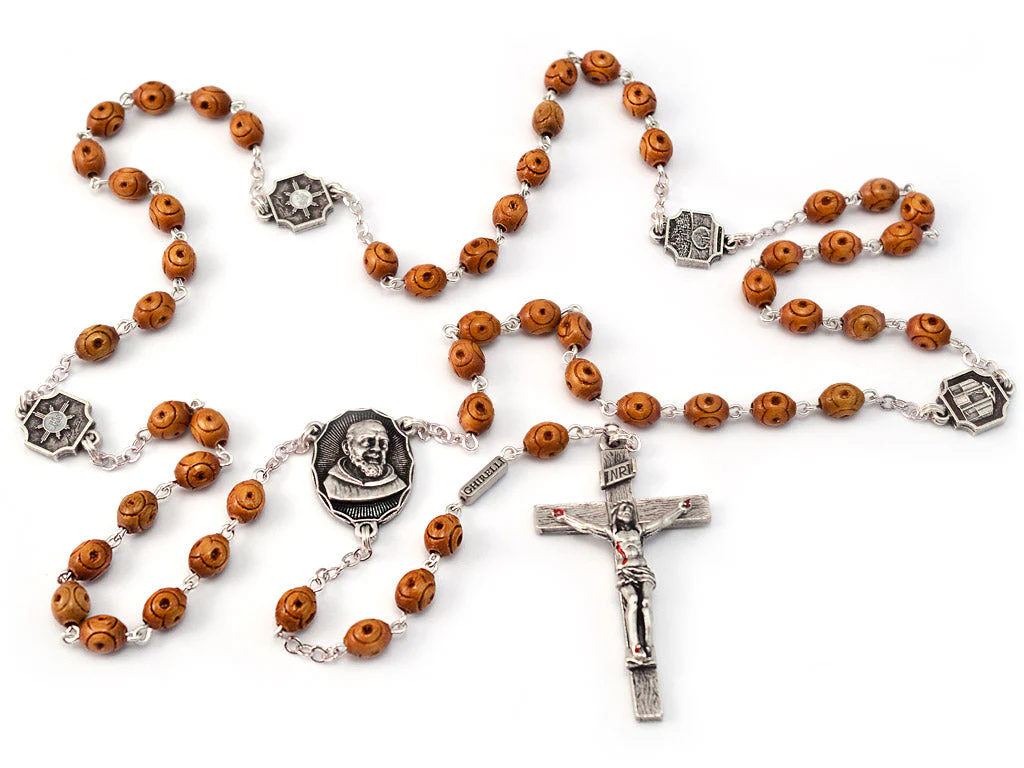 Saint Pio of Pietrelcina Rosary in Antique Silver with Wood Beads - Image 6